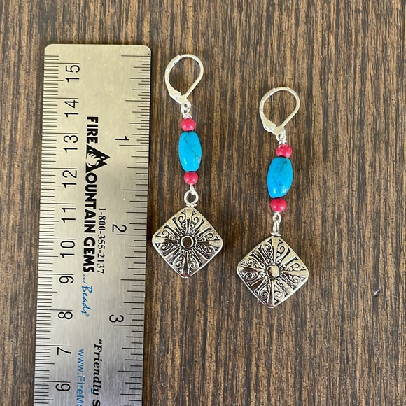 HAND CRAFTED EARRINGS with Turquoise, Red and Silver - Picture 3 of 12